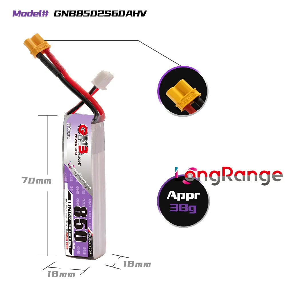 ガオネン GNB リポバッテリー 850mAh 2S 7.6 - Drone Racing Frame のレビューと価格